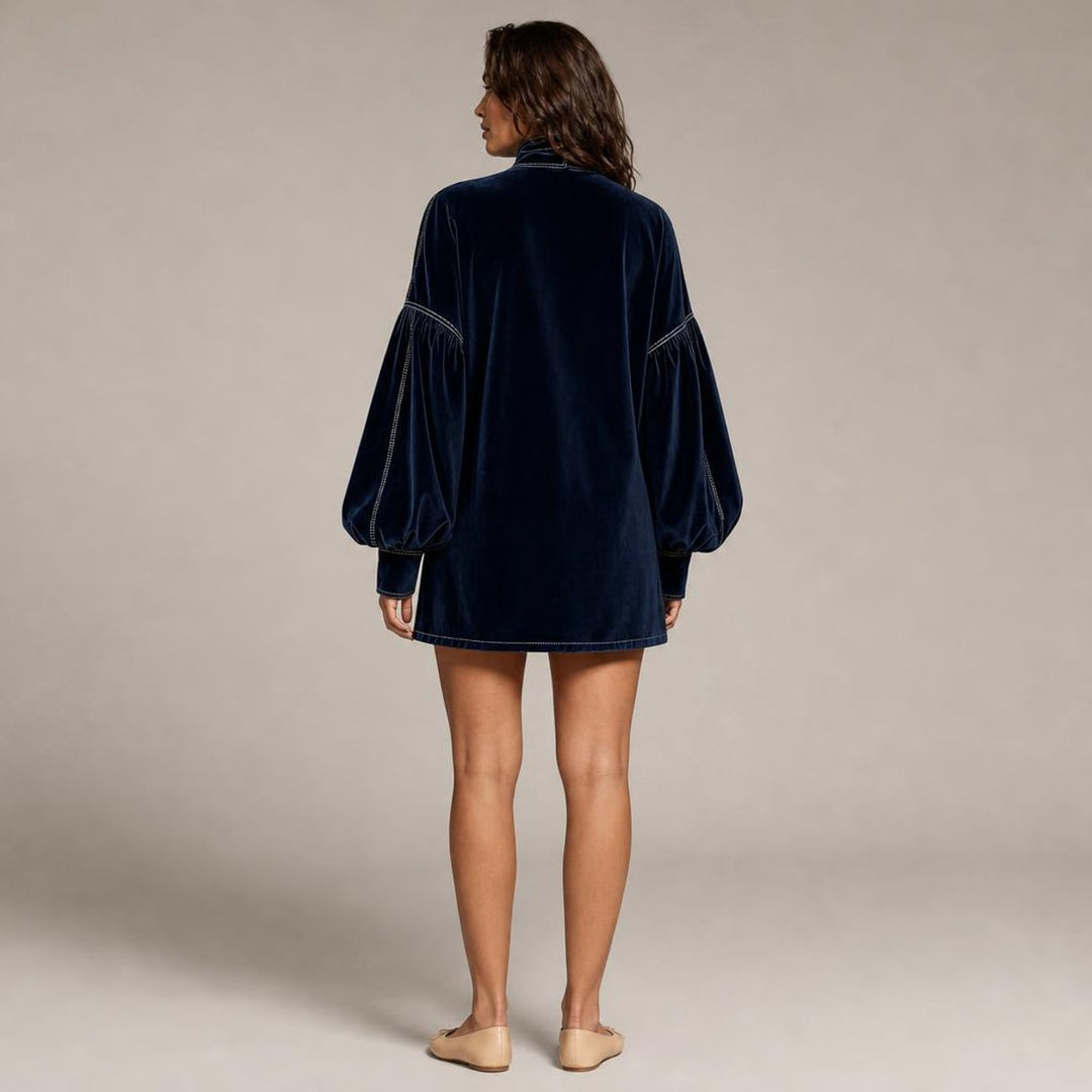 Bernadette | Chic Holiday Party Dress in Navy, back view