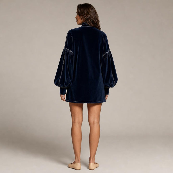 Bernadette | Chic Holiday Party Dress in Navy, back view