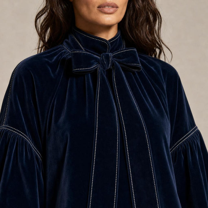 Bernadette | Chic Holiday Party Dress in Navy, detail view