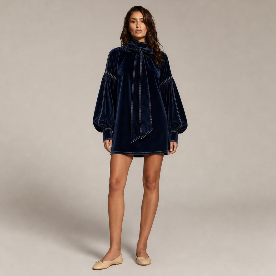 Bernadette | Chic Holiday Party Dress in Navy, front view