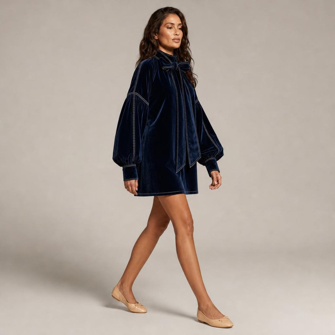 Bernadette | Chic Holiday Party Dress in Navy, side view