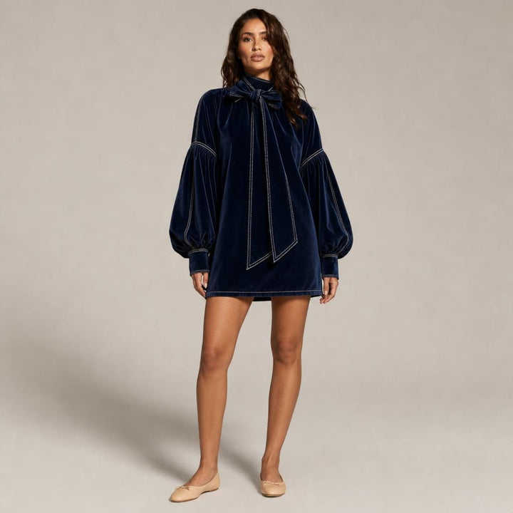 Bernadette | Chic Holiday Party Dress in Navy, three-quarter view