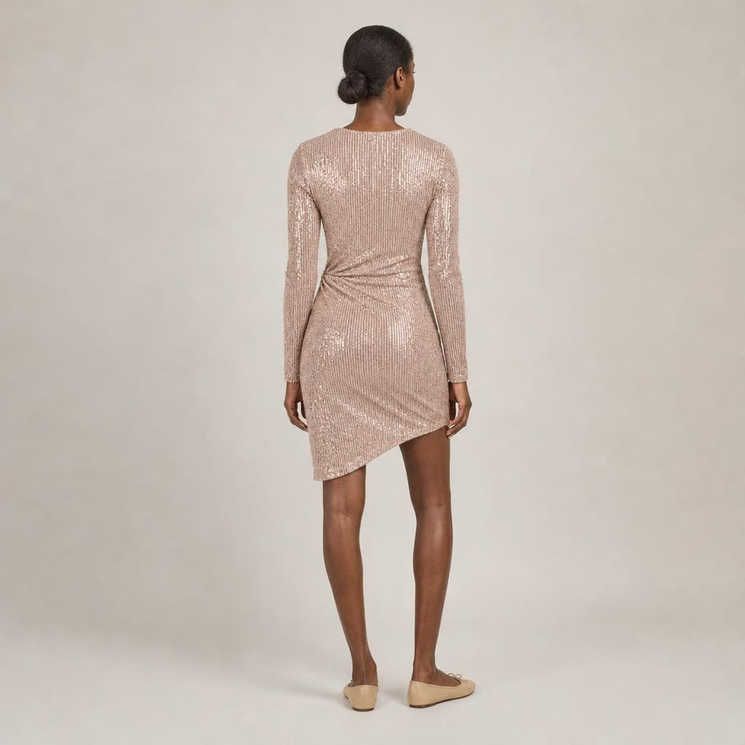 Deirdre | Poised Sequin Holiday Dress in Beige, back view