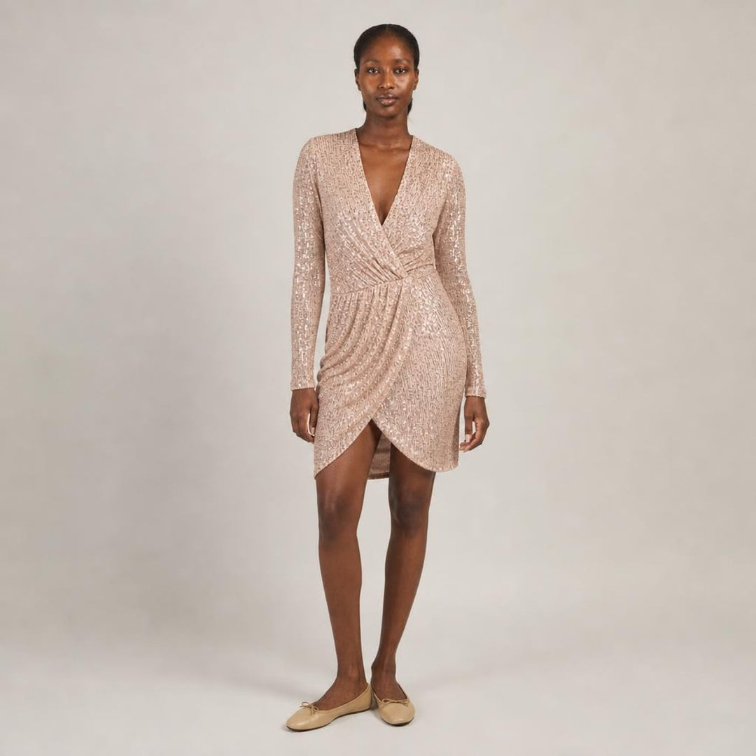 Deirdre | Poised Sequin Holiday Dress in Beige, front view
