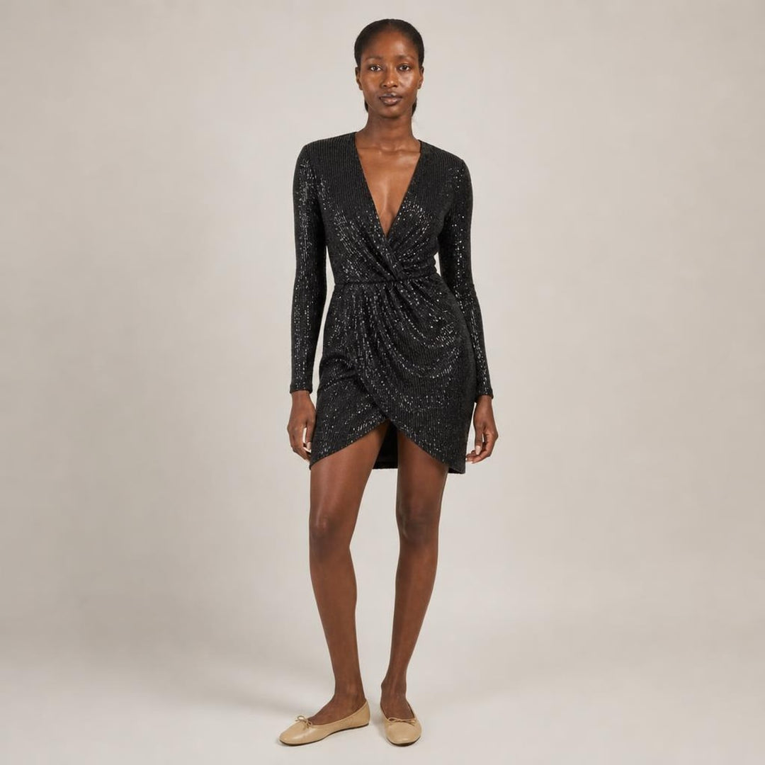 Deirdre | Poised Sequin Holiday Dress in Black, front view