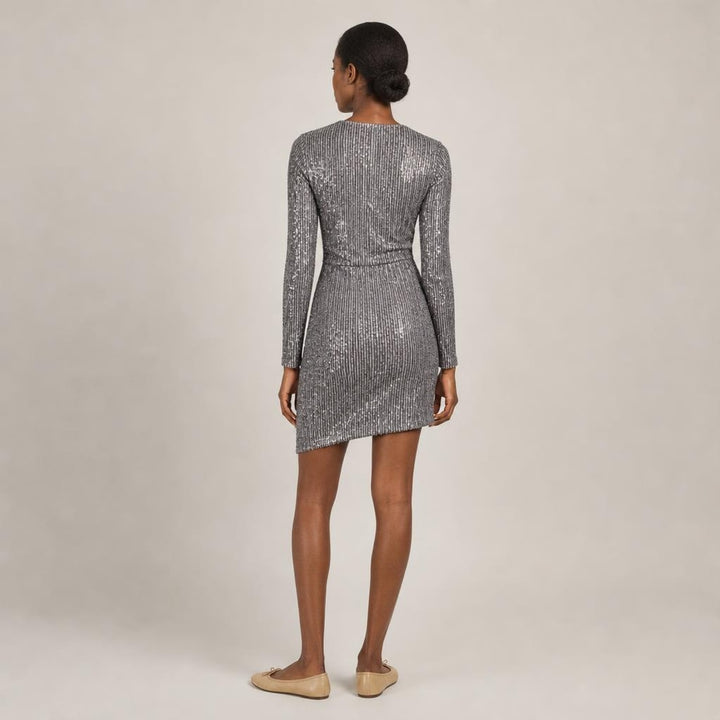 Deirdre | Poised Sequin Holiday Dress in Gray, back view