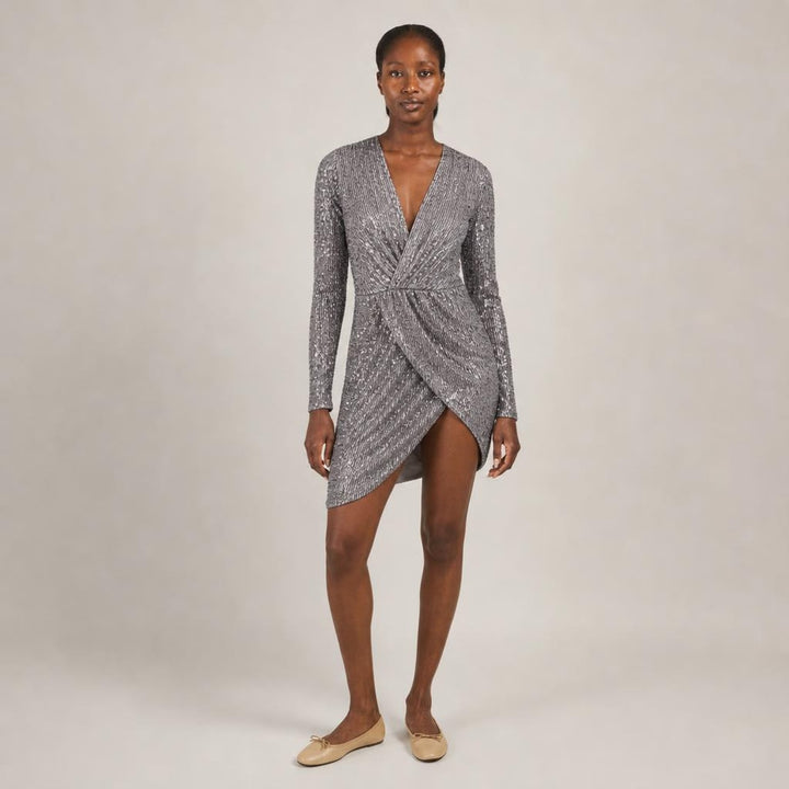 Deirdre | Poised Sequin Holiday Dress in Gray, front view