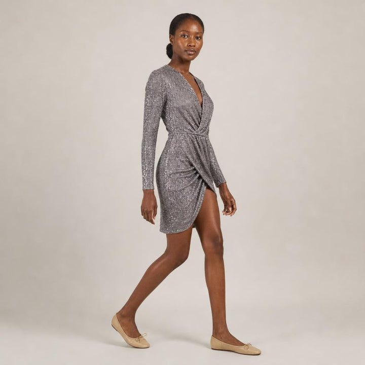 Deirdre | Poised Sequin Holiday Dress in Gray, side view