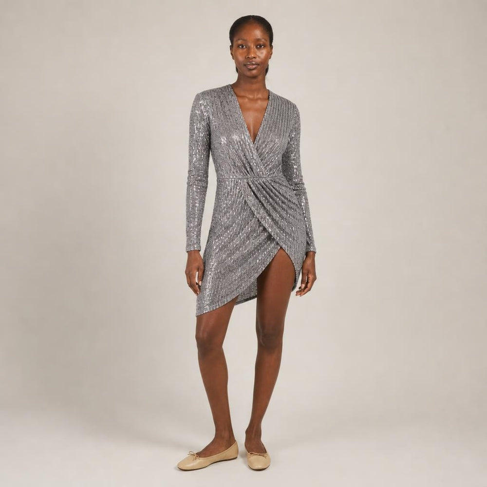Deirdre | Poised Sequin Holiday Dress in Gray, three-quarter view