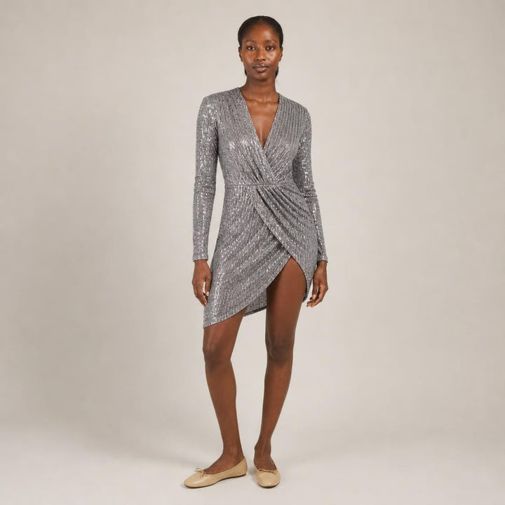 Deirdre | Poised Sequin Holiday Dress in Gray, three-quarter view