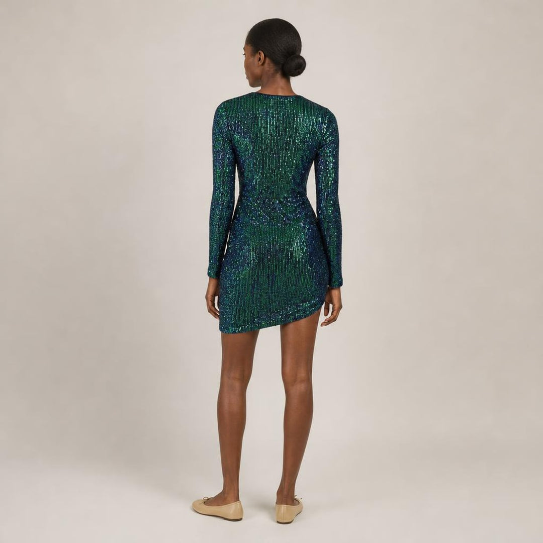 Deirdre | Poised Sequin Holiday Dress in Green, back view