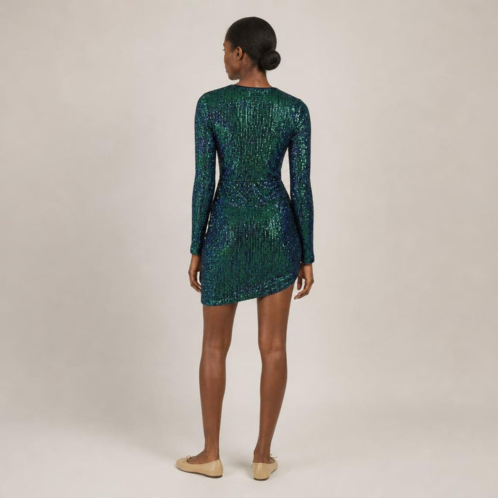 Deirdre | Poised Sequin Holiday Dress in Green, back view