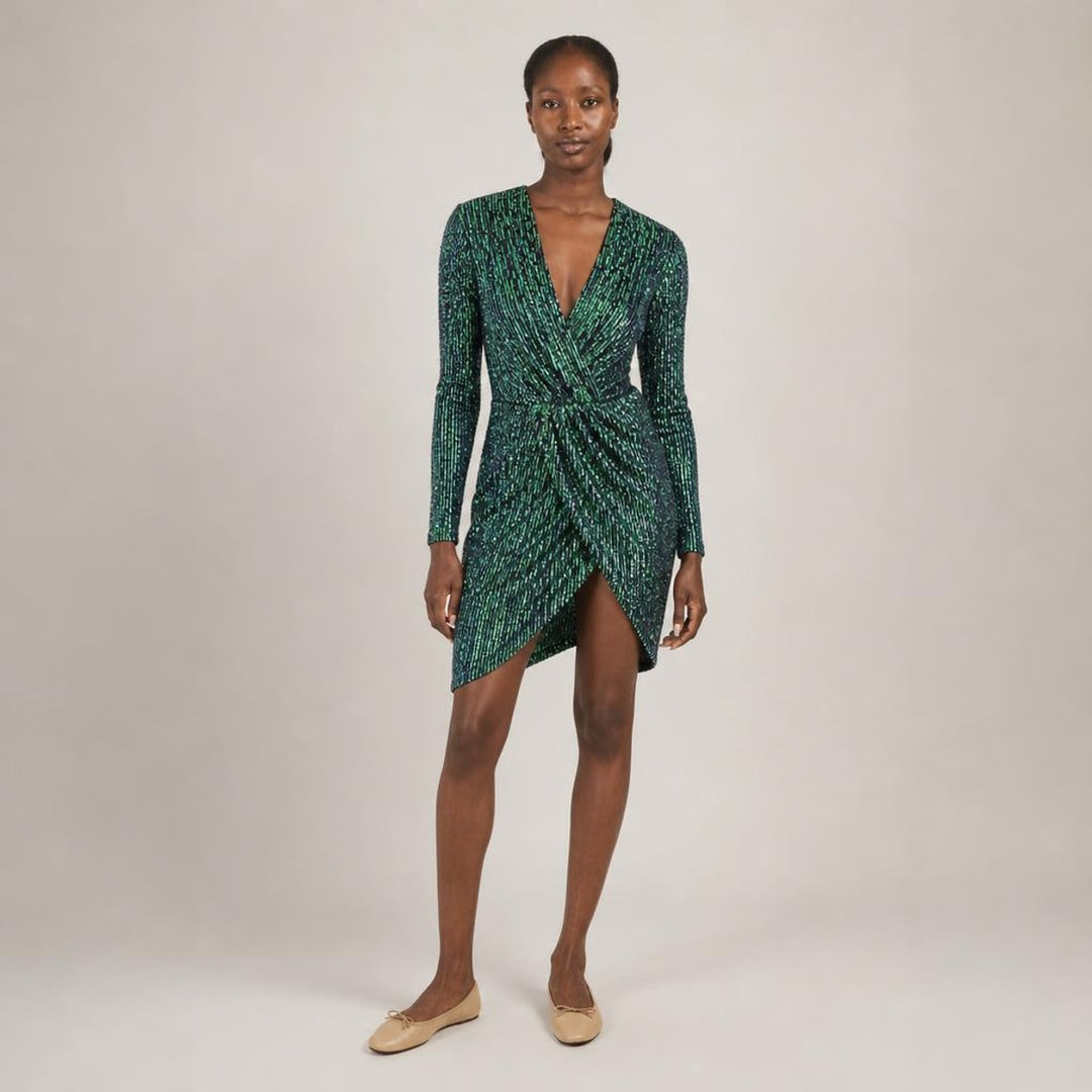 Deirdre | Poised Sequin Holiday Dress in Green, front view