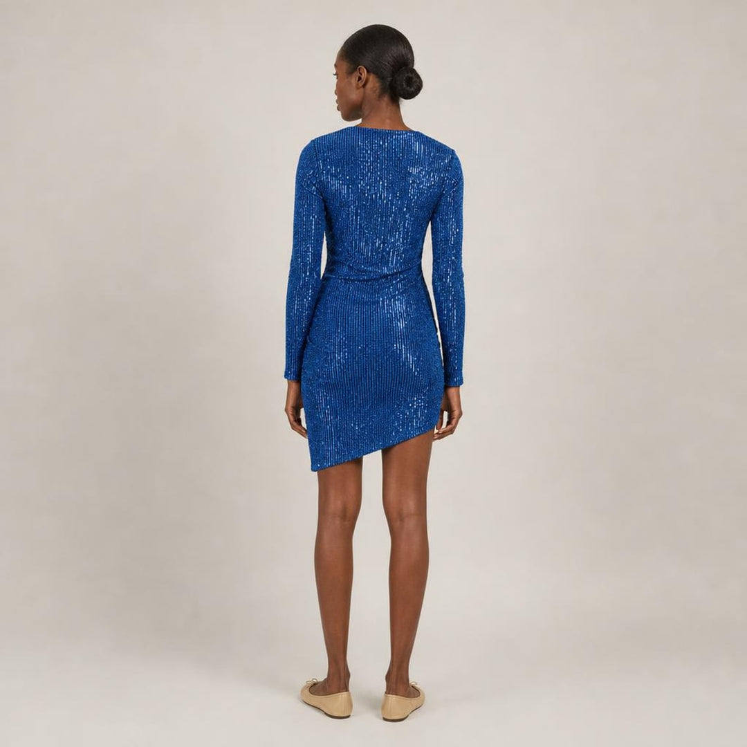 Deirdre | Poised Sequin Holiday Dress in Blue, back view