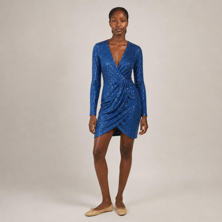 Deirdre | Poised Sequin Holiday Dress in Blue, front view