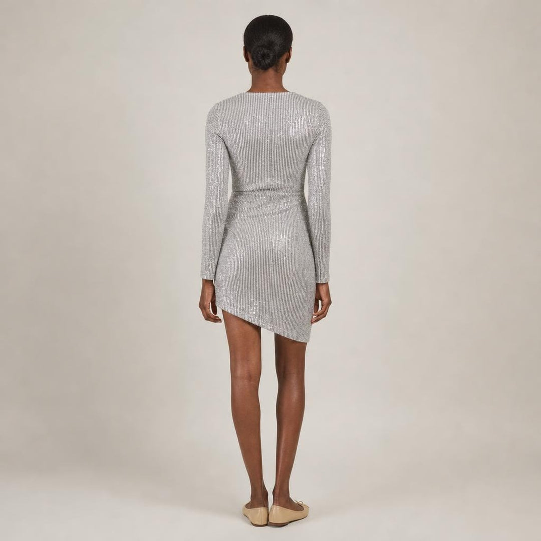 Deirdre | Poised Sequin Holiday Dress in Silver, back view
