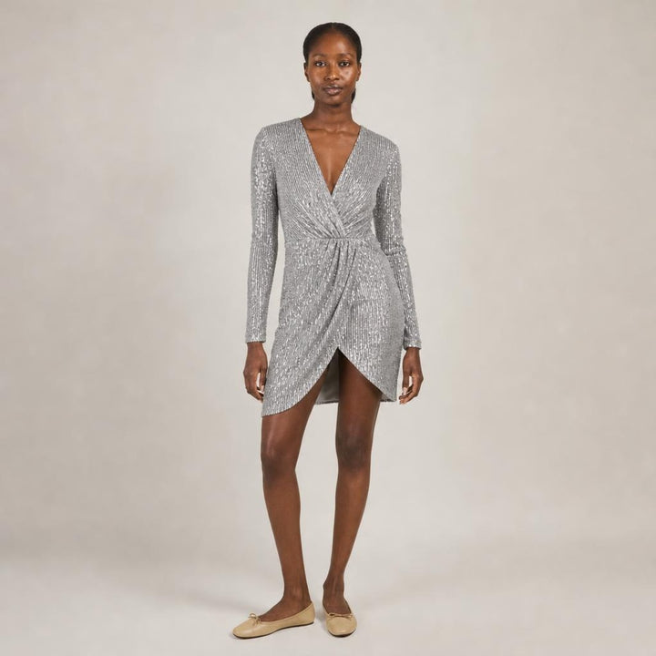 Deirdre | Poised Sequin Holiday Dress in Silver, front view
