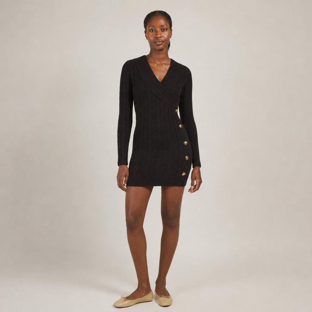 Elspeth | Graceful Long Sleeve Knit Dress in Black, front view