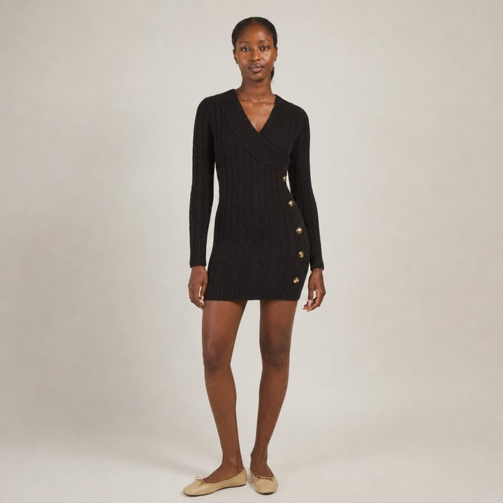 Elspeth | Graceful Long Sleeve Knit Dress in Black, front view