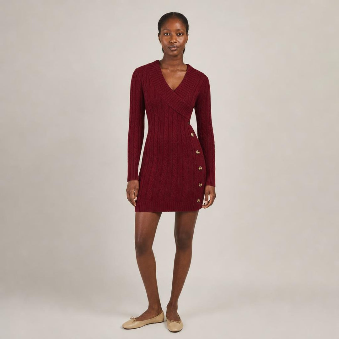 Elspeth | Graceful Long Sleeve Knit Dress in Burgundy, front view