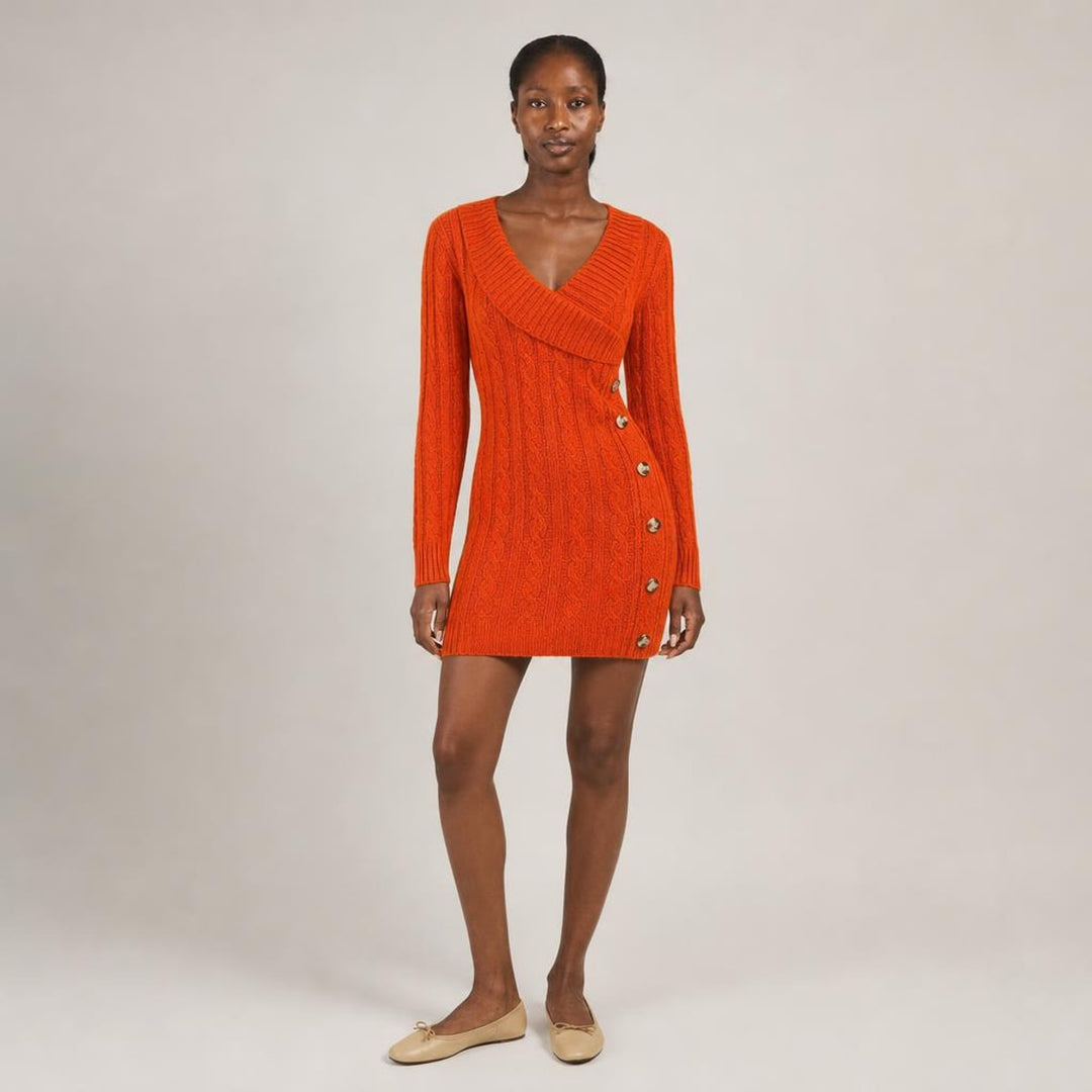 Elspeth | Graceful Long Sleeve Knit Dress in Coral, front view