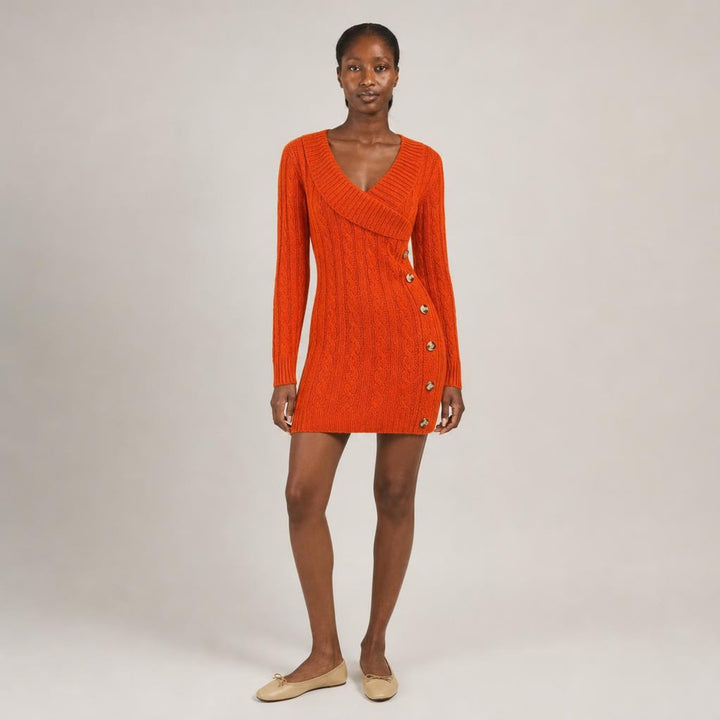 Elspeth | Graceful Long Sleeve Knit Dress in Coral, front view