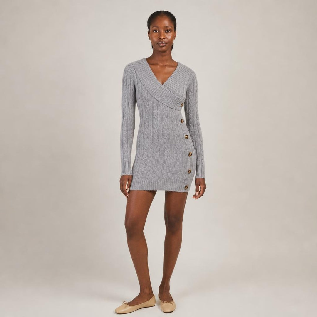 Elspeth | Graceful Long Sleeve Knit Dress in Gray, front view