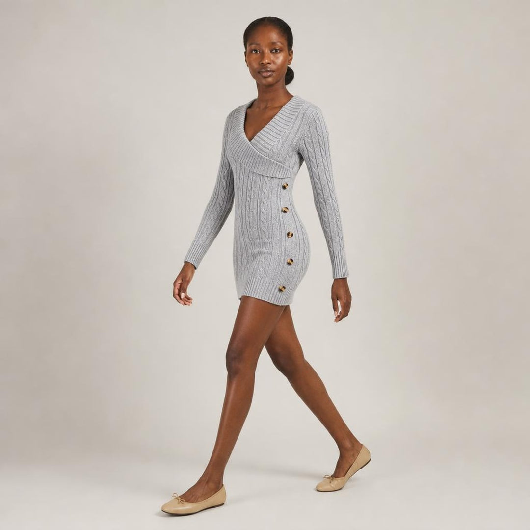 Elspeth | Graceful Long Sleeve Knit Dress in Gray, side view