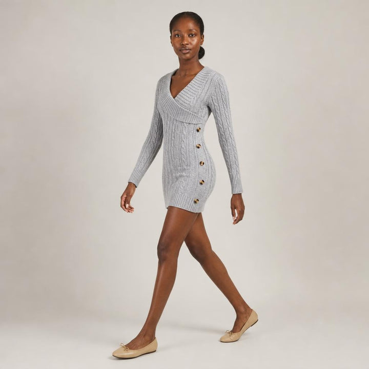 Elspeth | Graceful Long Sleeve Knit Dress in Gray, side view