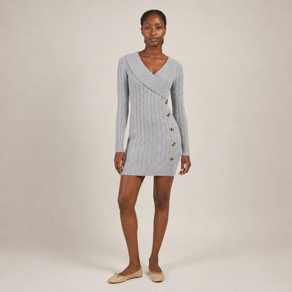 Elspeth | Graceful Long Sleeve Knit Dress in Gray, three-quarter view