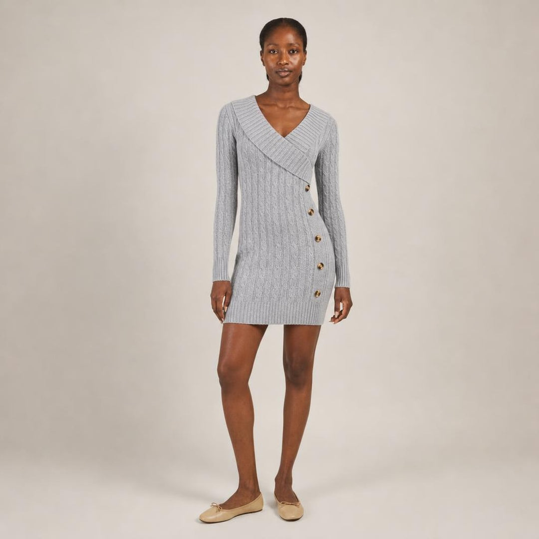 Elspeth | Graceful Long Sleeve Knit Dress in Gray, three-quarter view