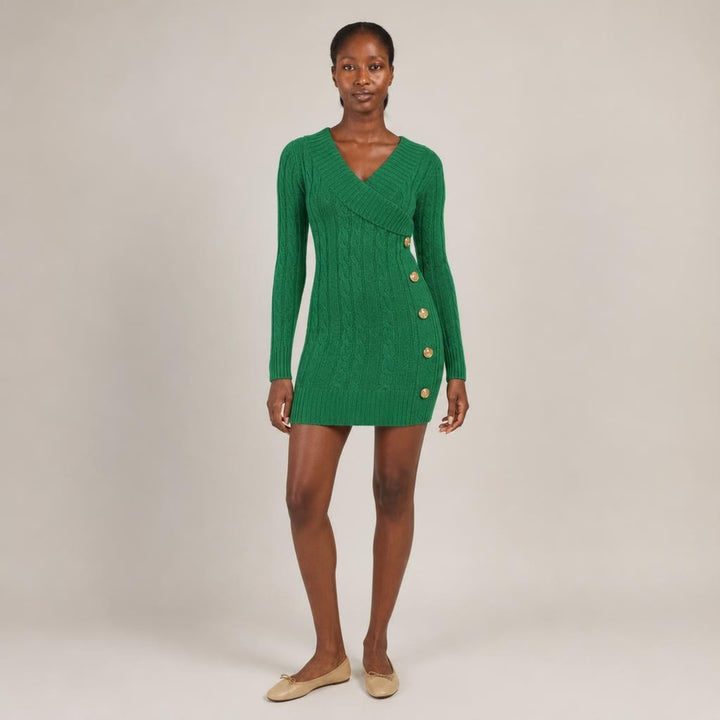 Elspeth | Graceful Long Sleeve Knit Dress in Green, front view