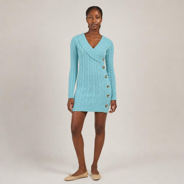 Elspeth | Graceful Long Sleeve Knit Dress in Light Blue, front view
