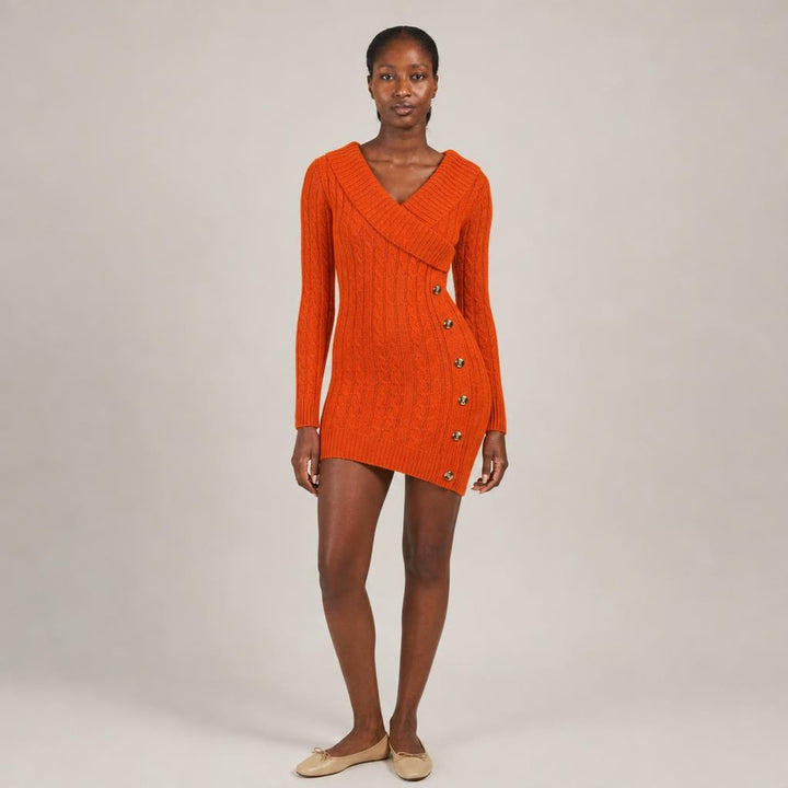 Elspeth | Graceful Long Sleeve Knit Dress in Orange, front view