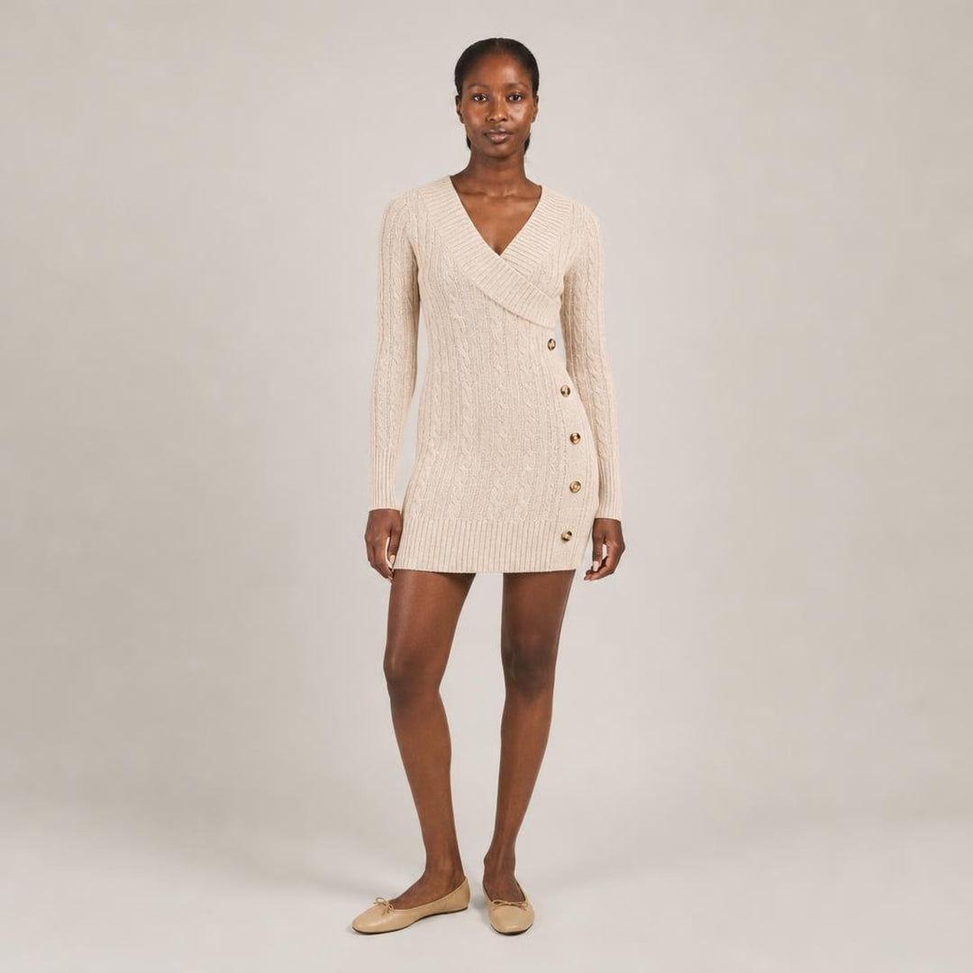 Elspeth | Graceful Long Sleeve Knit Dress in Peach, front view