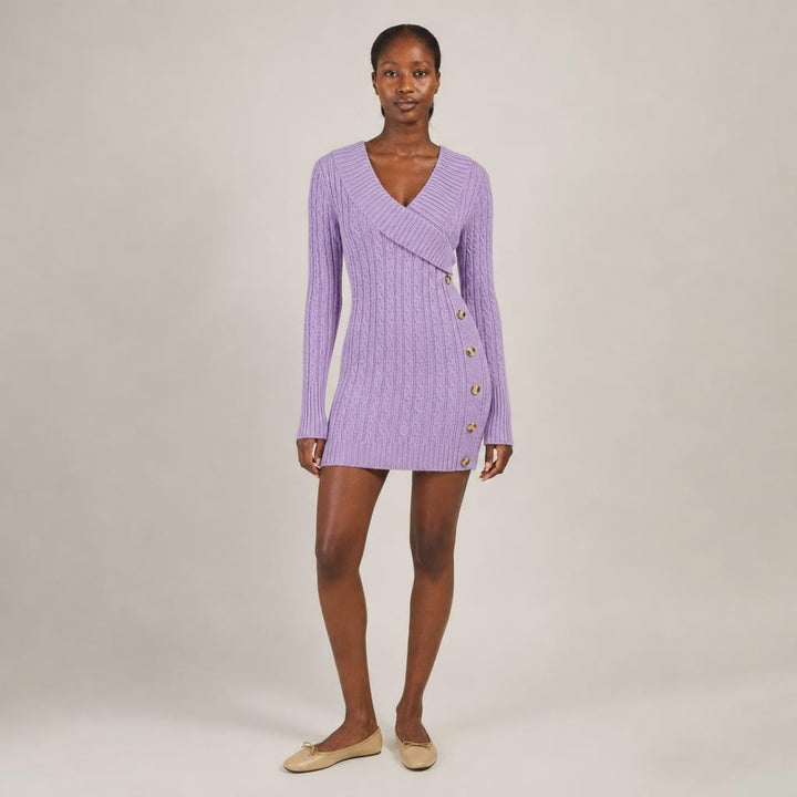 Elspeth | Graceful Long Sleeve Knit Dress in Purple, front view