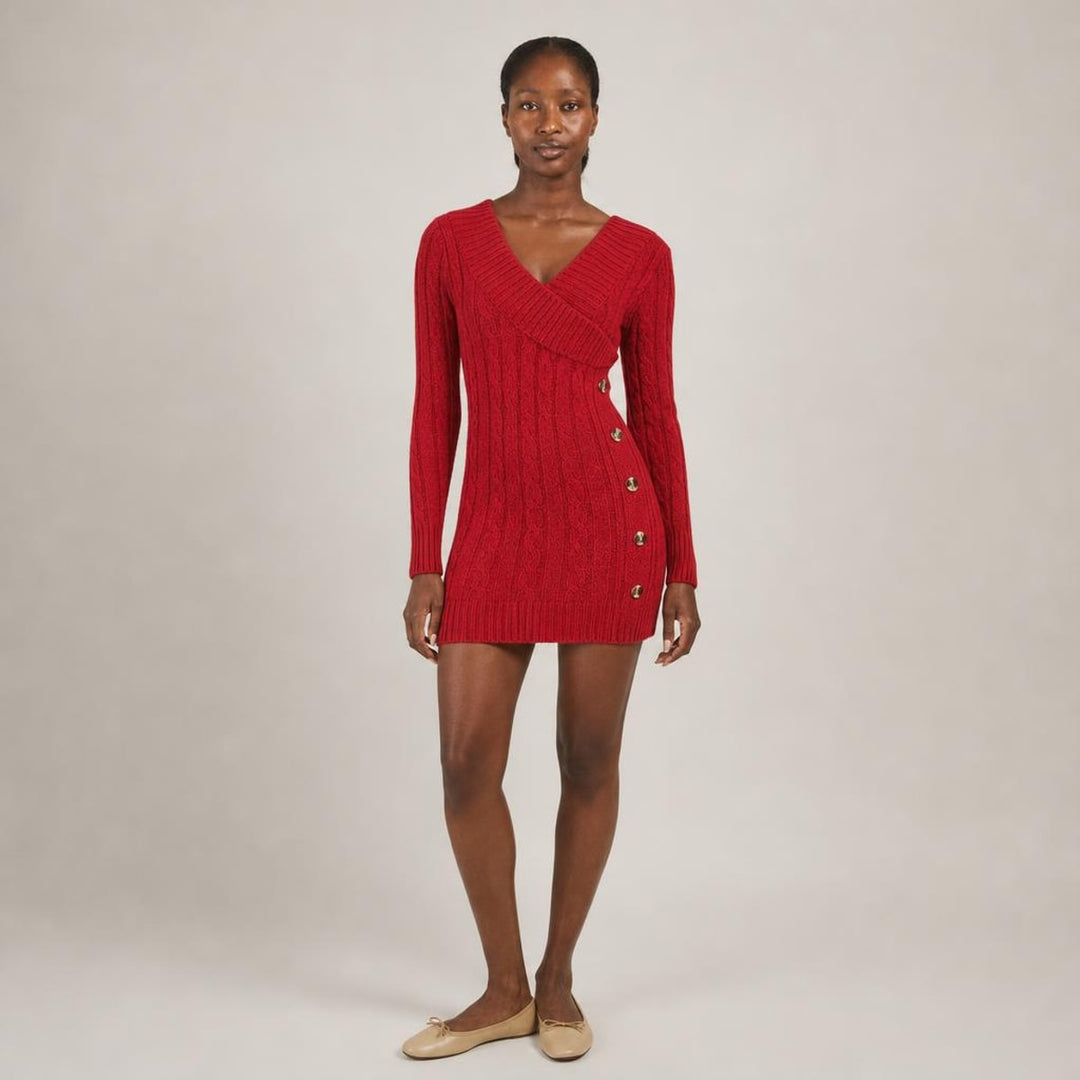 Elspeth | Graceful Long Sleeve Knit Dress in Red, front view