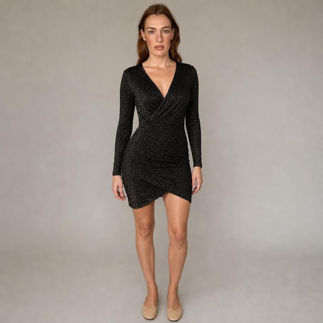 Gwyneth | Modern Long Sleeve Holiday Dress in Black, front view