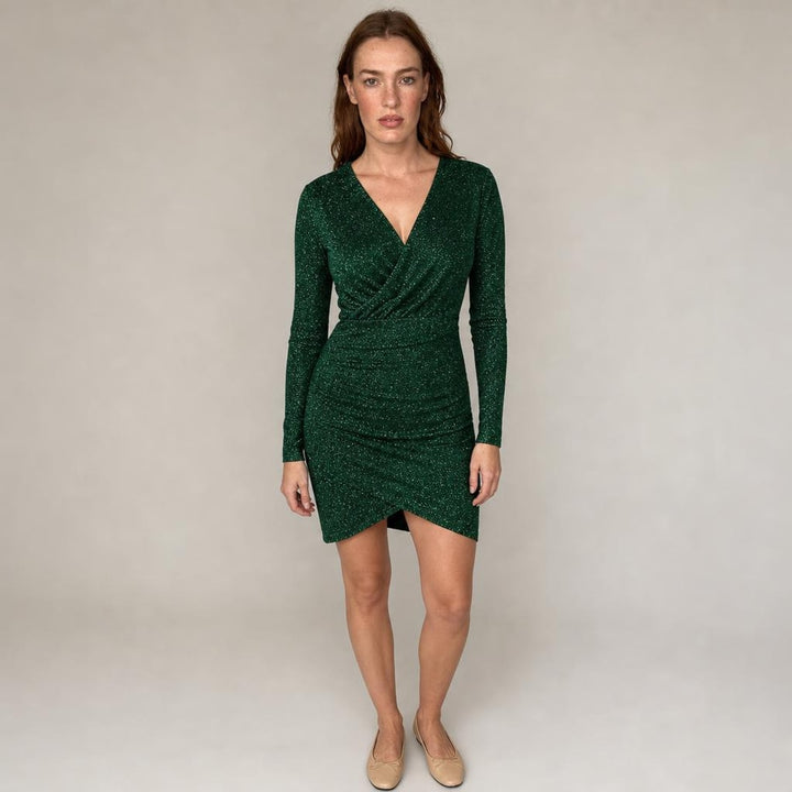 Gwyneth | Modern Long Sleeve Holiday Dress in Green, front view