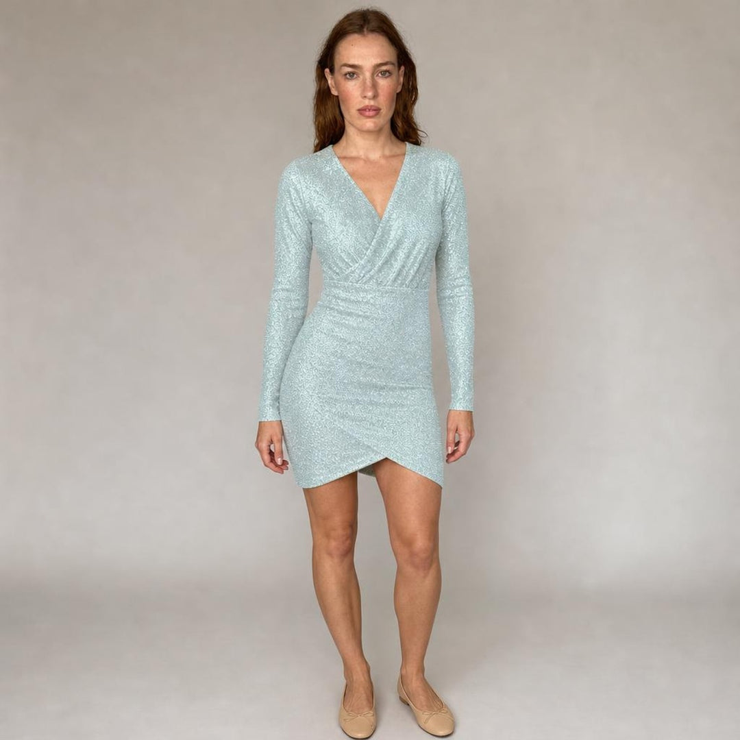 Gwyneth | Modern Long Sleeve Holiday Dress in Light Blue, front view