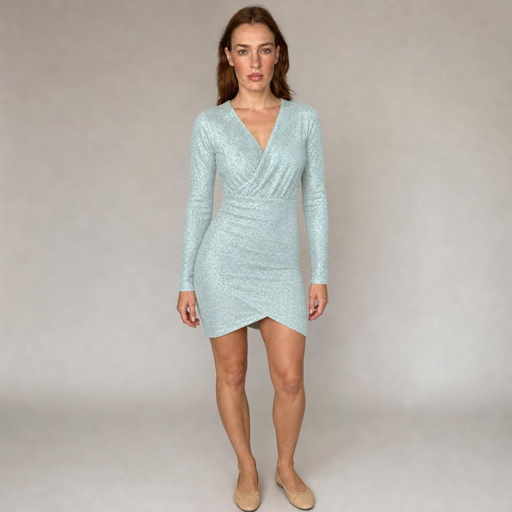 Gwyneth | Modern Long Sleeve Holiday Dress in Light Blue, front view