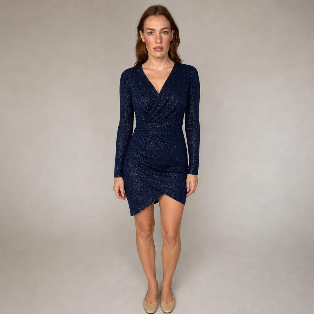 Gwyneth | Modern Long Sleeve Holiday Dress in Navy, front view