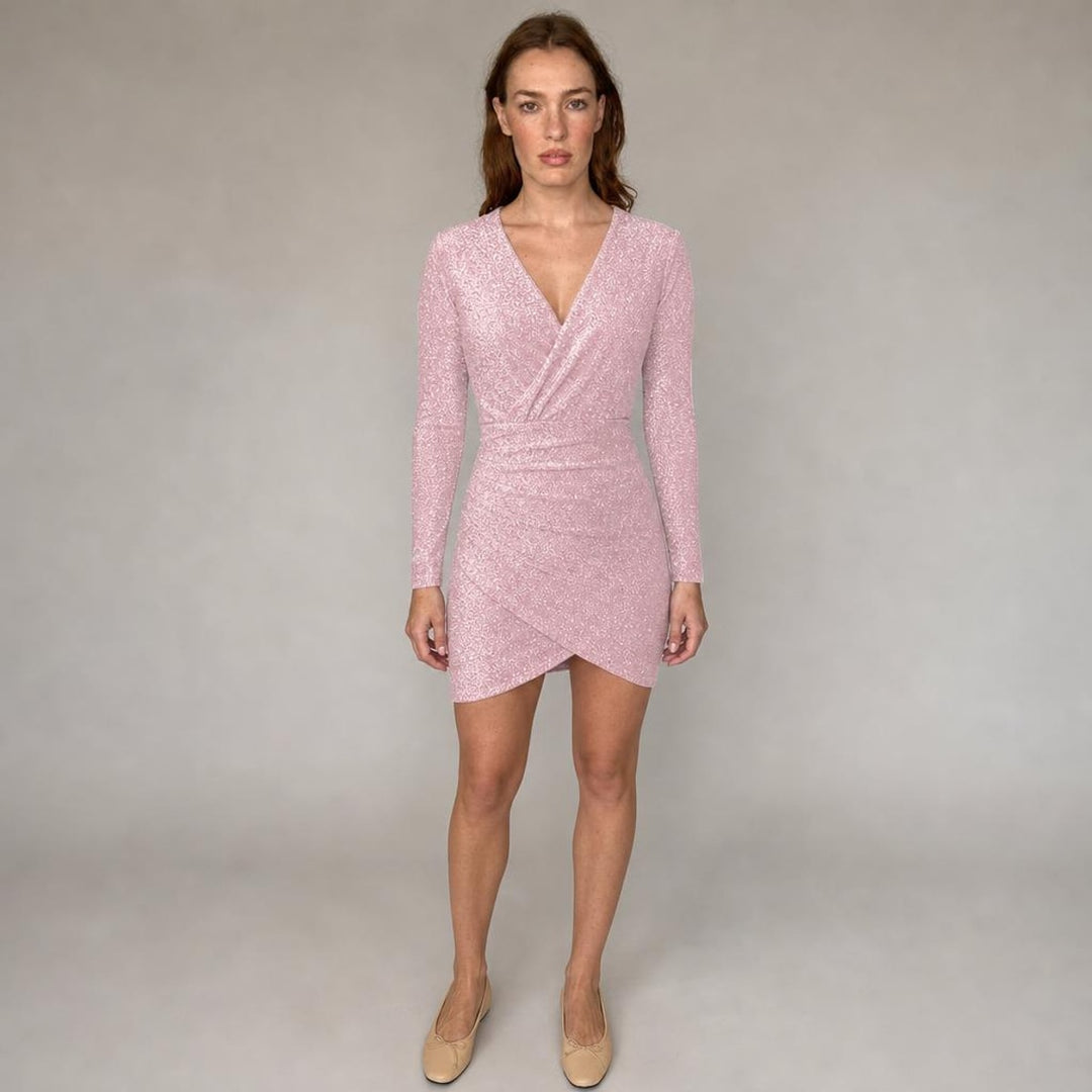 Gwyneth | Modern Long Sleeve Holiday Dress in Pink, front view