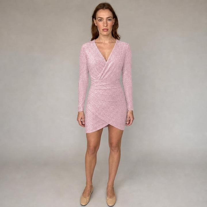 Gwyneth | Modern Long Sleeve Holiday Dress in Pink, front view