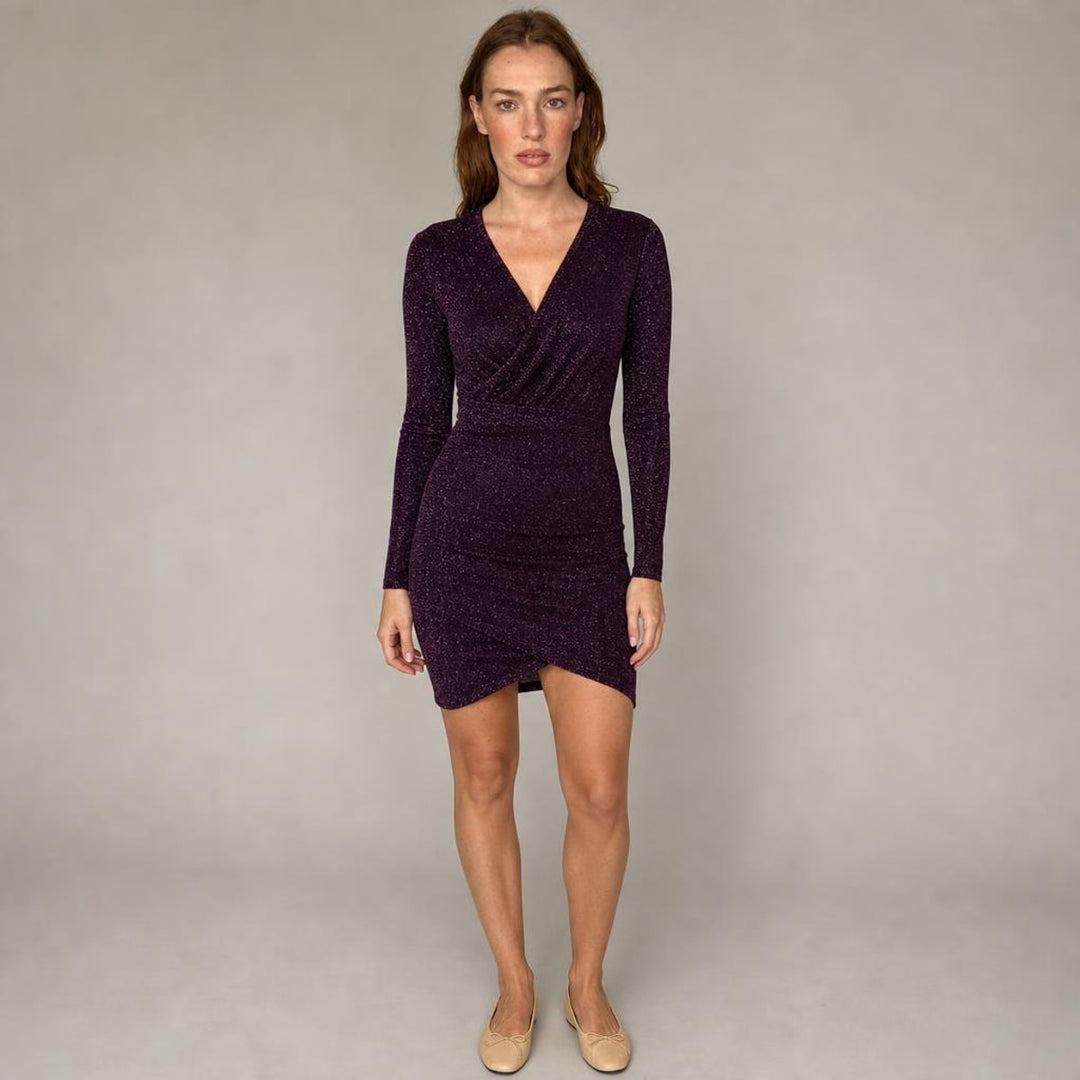 Gwyneth | Modern Long Sleeve Holiday Dress in Purple, front view