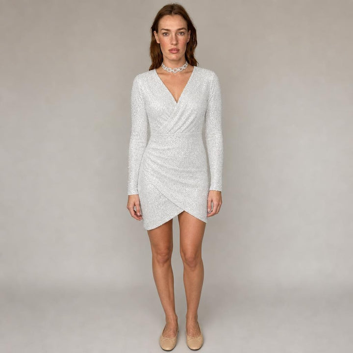 Gwyneth | Modern Long Sleeve Holiday Dress in White, front view