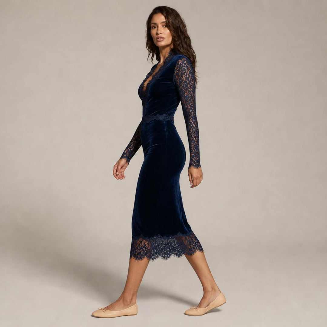 Helene | Modern Christmas Midi Dress in Navy, side view