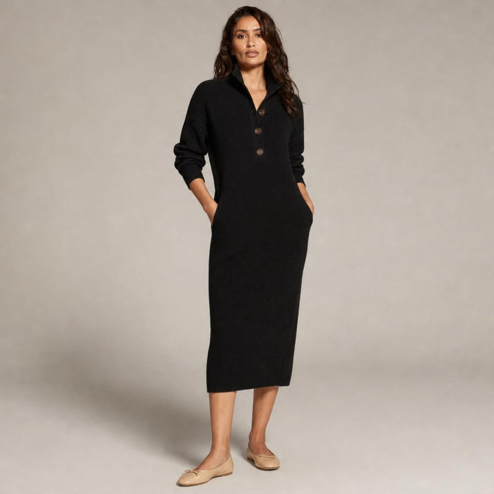 Sara | Timeless Midi Sweater Dress in Black, three-quarter view