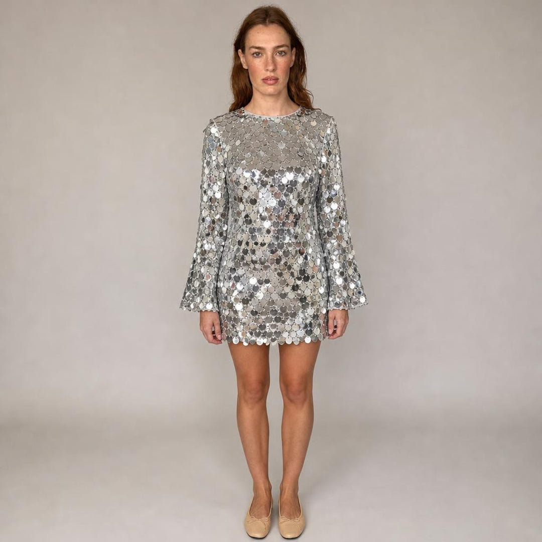 Solange | Chic New Year's Eve Party Dress in Silver, front view