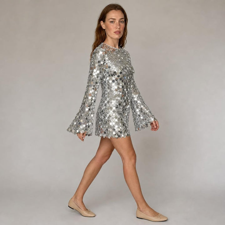 Solange | Chic New Year's Eve Party Dress in Silver, side view
